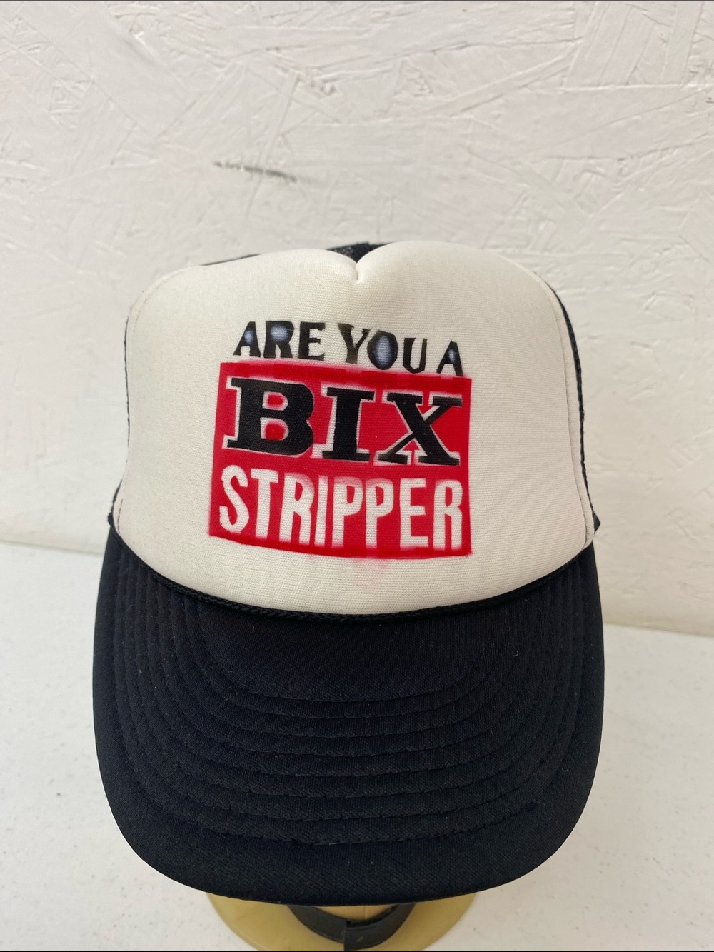 Are You a BIX Stripper Vintage Trucker Hat - Black & White with Red Logo cobra